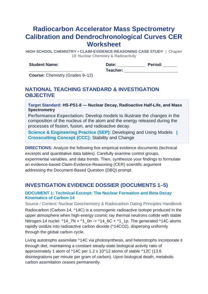 Radiocarbon Accelerator Mass Spectrometry Calibration and Dendrochronological Curves CER Phenomena Worksheet sample page