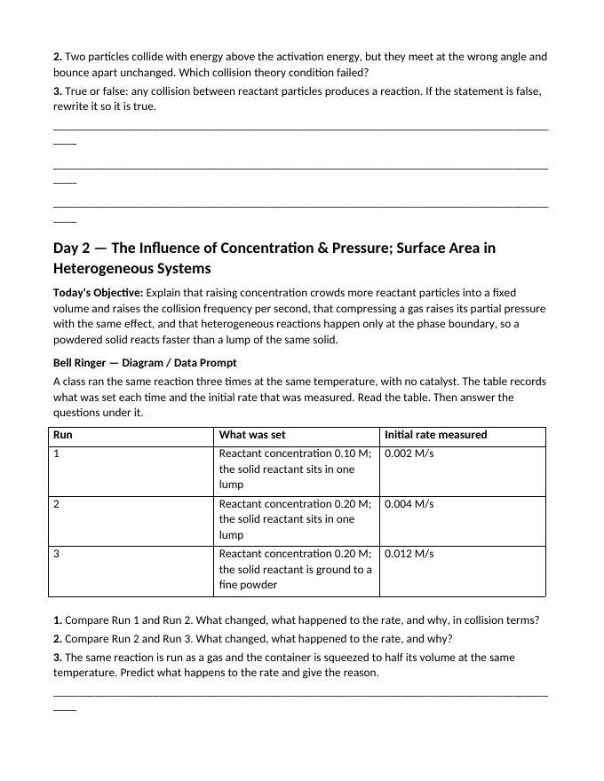 Reaction Rates & Chemical Kinetics Bell Ringers & Exit Tickets sample page