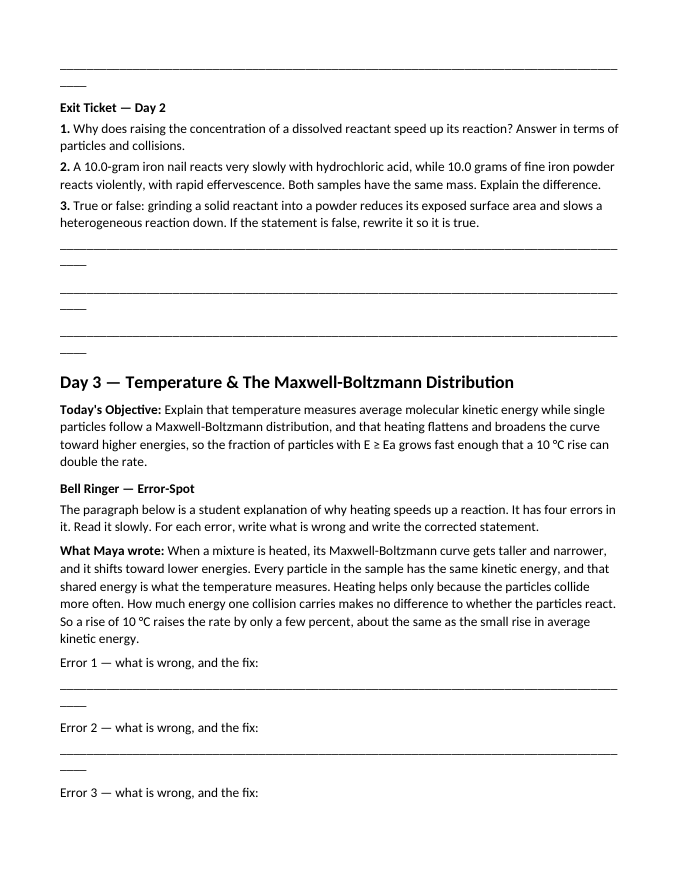 Reaction Rates & Chemical Kinetics Bell Ringers & Exit Tickets sample page