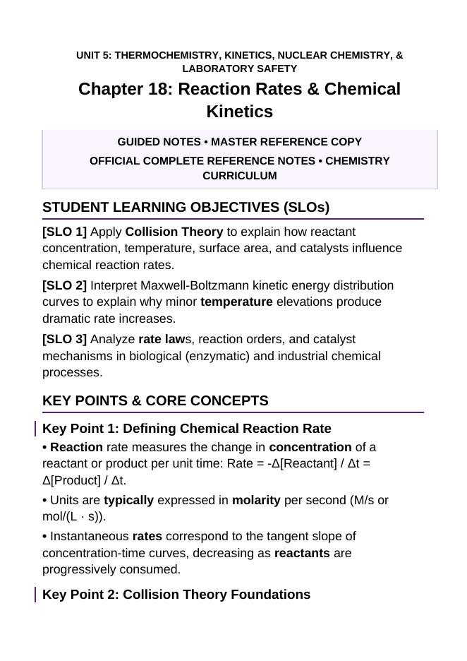 Reaction Rates & Chemical Kinetics Guided Notes sample page