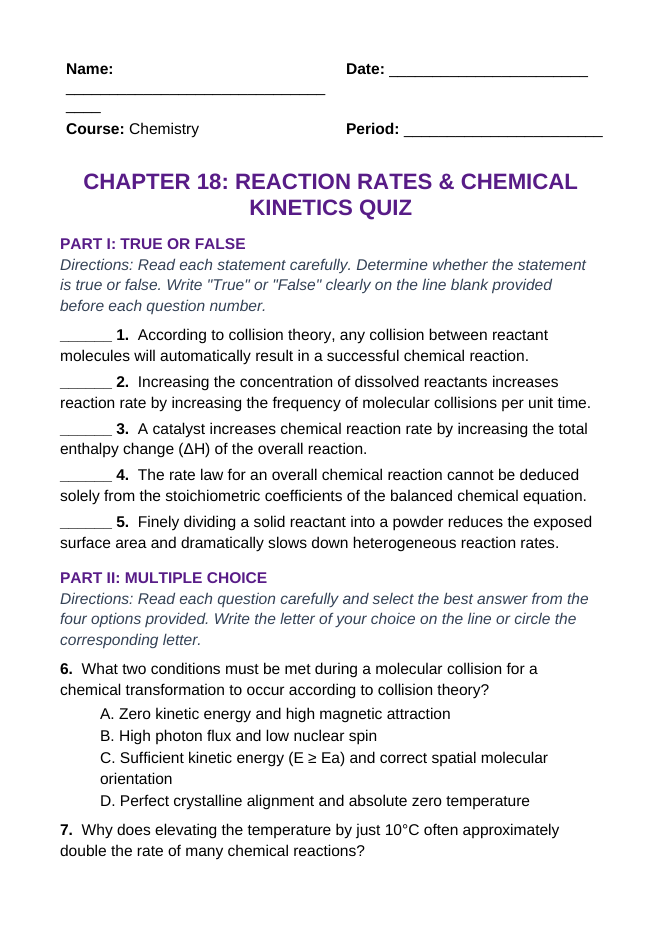 Reaction Rates & Chemical Kinetics Lesson Quiz sample page
