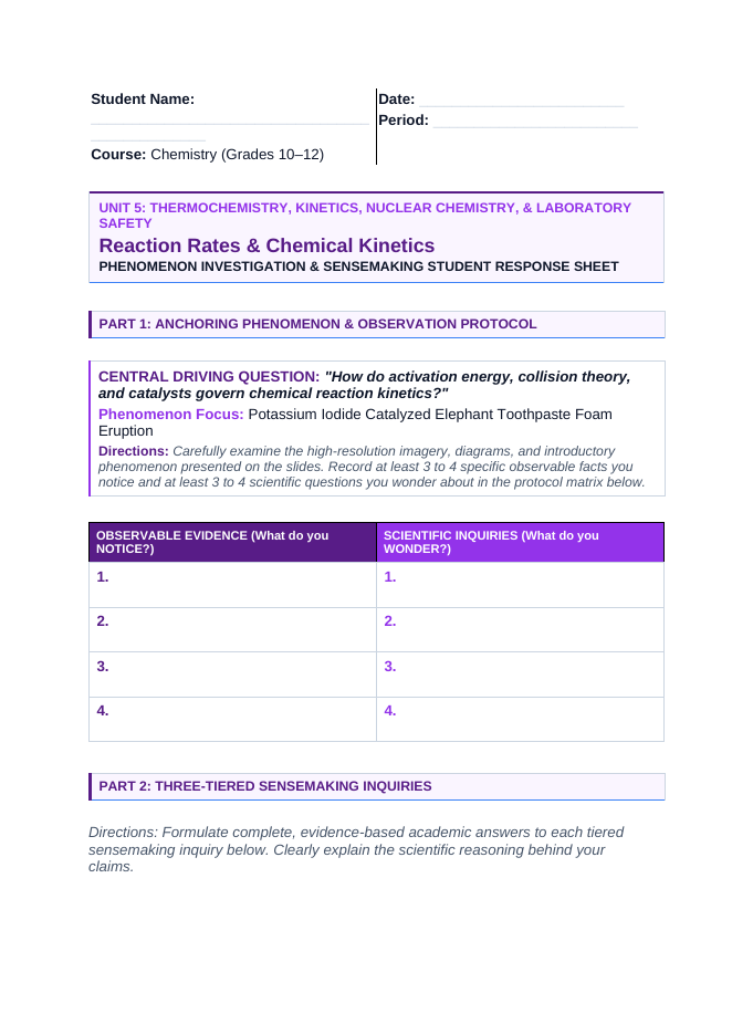 Reaction Rates & Chemical Kinetics Phenomena-Based Lesson: Potassium Iodide Catalyzed Elephant Toothpaste Foam Eruption Student Response Sheet sample page