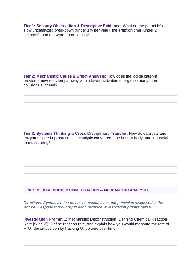 Reaction Rates & Chemical Kinetics Phenomena-Based Lesson: Potassium Iodide Catalyzed Elephant Toothpaste Foam Eruption Student Response Sheet sample page