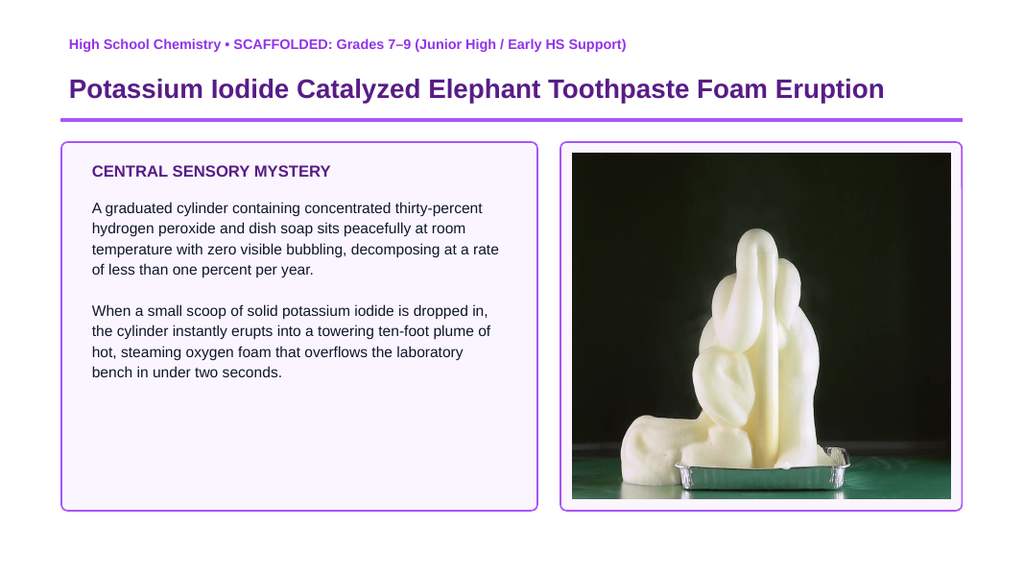 Reaction Rates & Chemical Kinetics Scaffolded Phenomena-Based Lesson: Potassium Iodide Catalyzed Elephant Toothpaste Foam Eruption Presentation sample page