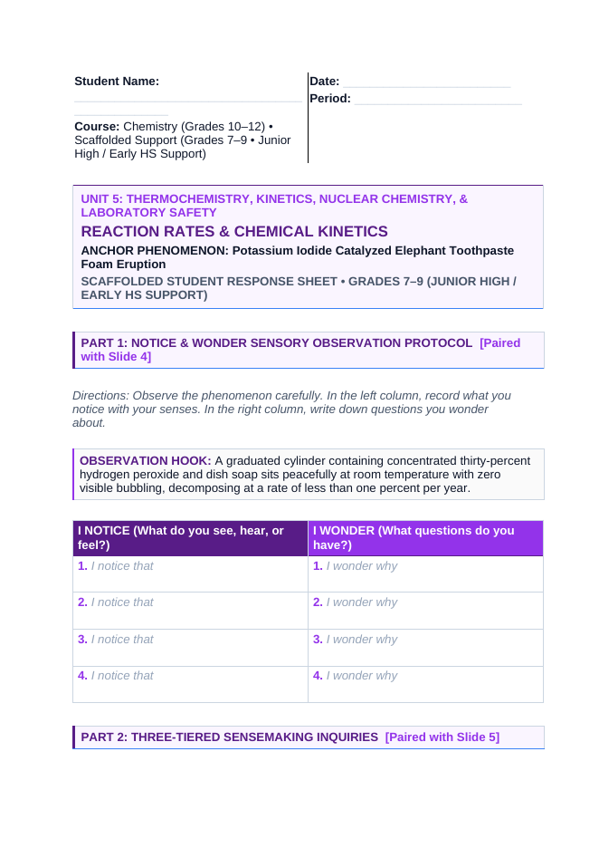 Reaction Rates & Chemical Kinetics Scaffolded Phenomena-Based Lesson: Potassium Iodide Catalyzed Elephant Toothpaste Foam Eruption Student Response Sheet sample page