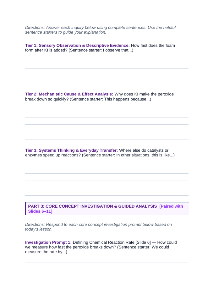 Reaction Rates & Chemical Kinetics Scaffolded Phenomena-Based Lesson: Potassium Iodide Catalyzed Elephant Toothpaste Foam Eruption Student Response Sheet sample page