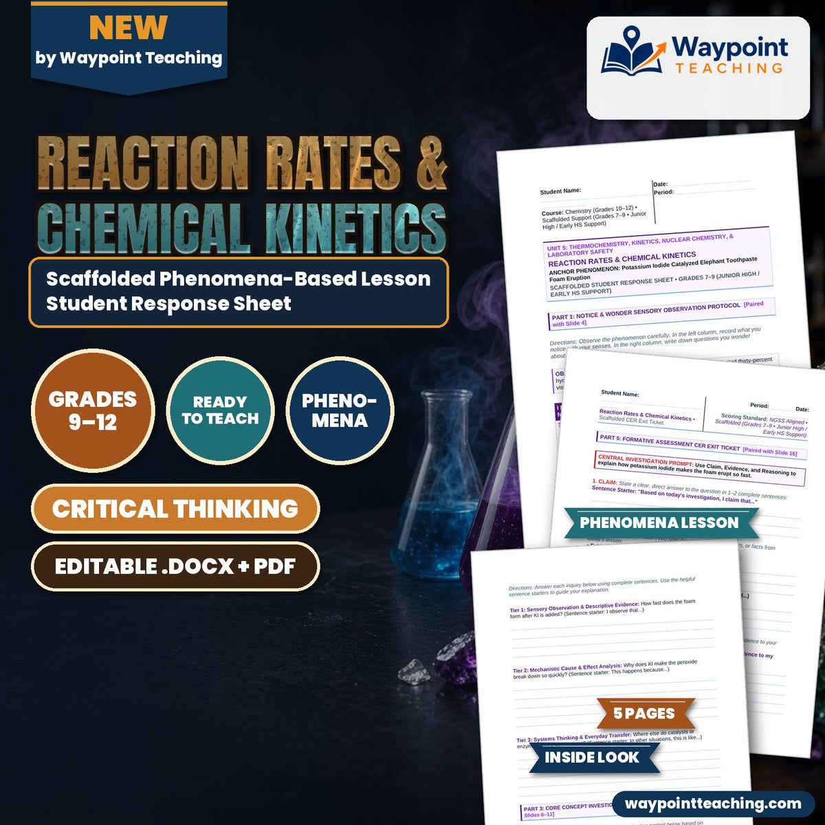 Reaction Rates & Chemical Kinetics Scaffolded Phenomena-Based Lesson: Potassium Iodide Catalyzed Elephant Toothpaste Foam Eruption Student Response Sheet cover