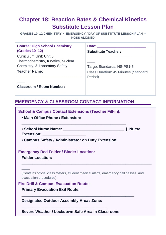 Reaction Rates & Chemical Kinetics Substitute Lesson Plan sample page