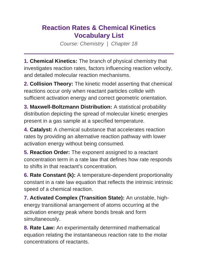 Reaction Rates & Chemical Kinetics Vocabulary Words & Definitions sample page
