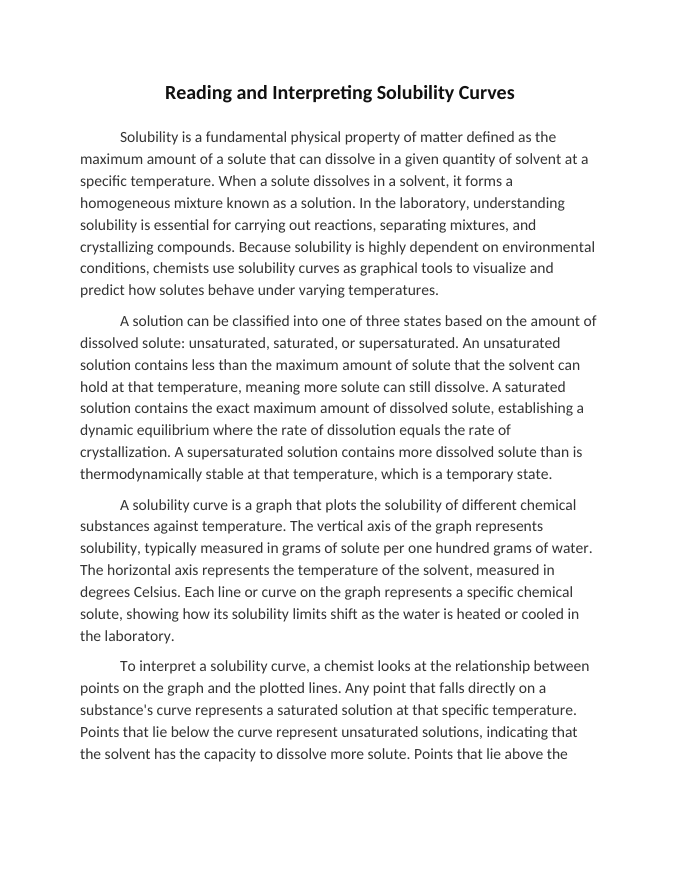 Reading and Interpreting Solubility Curves Reading Worksheet sample page