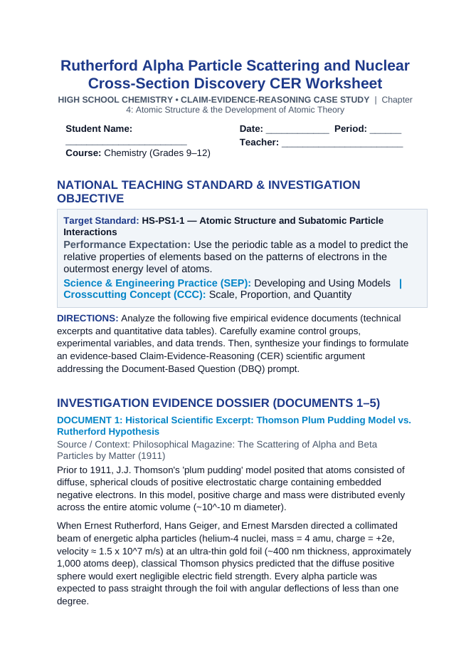 Rutherford Alpha Particle Scattering and Nuclear Cross-Section Discovery CER Phenomena Worksheet sample page