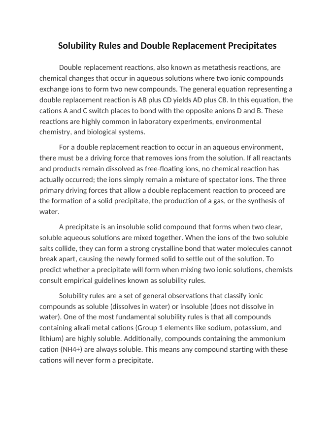 Solubility Rules and Double Replacement Precipitates Reading Worksheet sample page