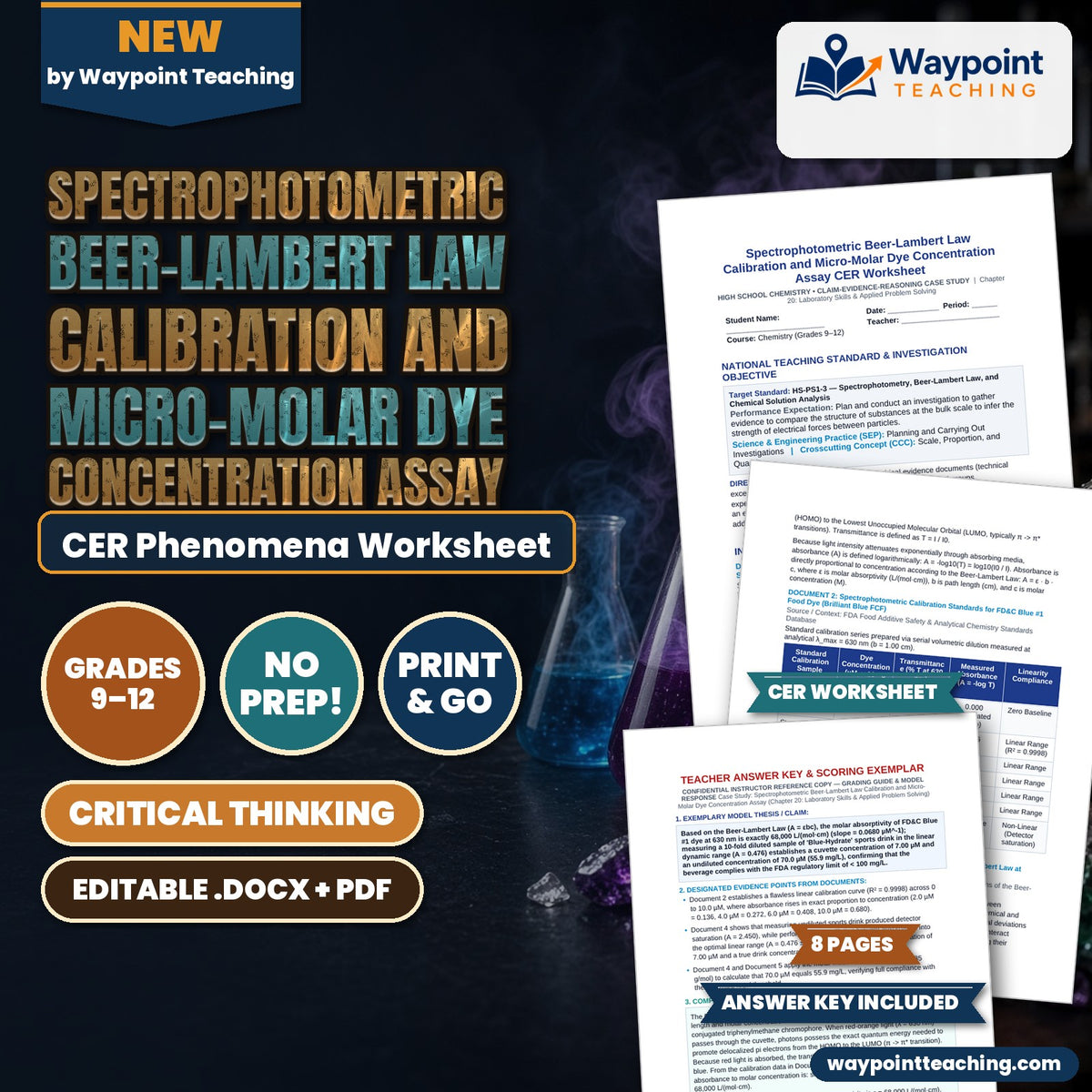 Spectrophotometric Beer-Lambert Law Calibration and Micro-Molar Dye Concentration Assay CER Phenomena Worksheet cover