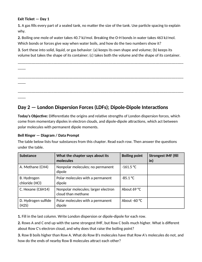 States of Matter & Intermolecular Forces Bell Ringers & Exit Tickets sample page