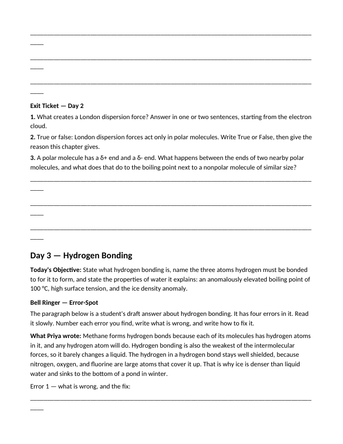 States of Matter & Intermolecular Forces Bell Ringers & Exit Tickets sample page