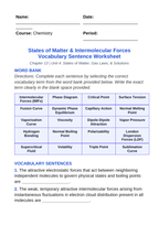 States of Matter & Intermolecular Forces Fill-in-the-Blank Vocabulary Worksheet sample page