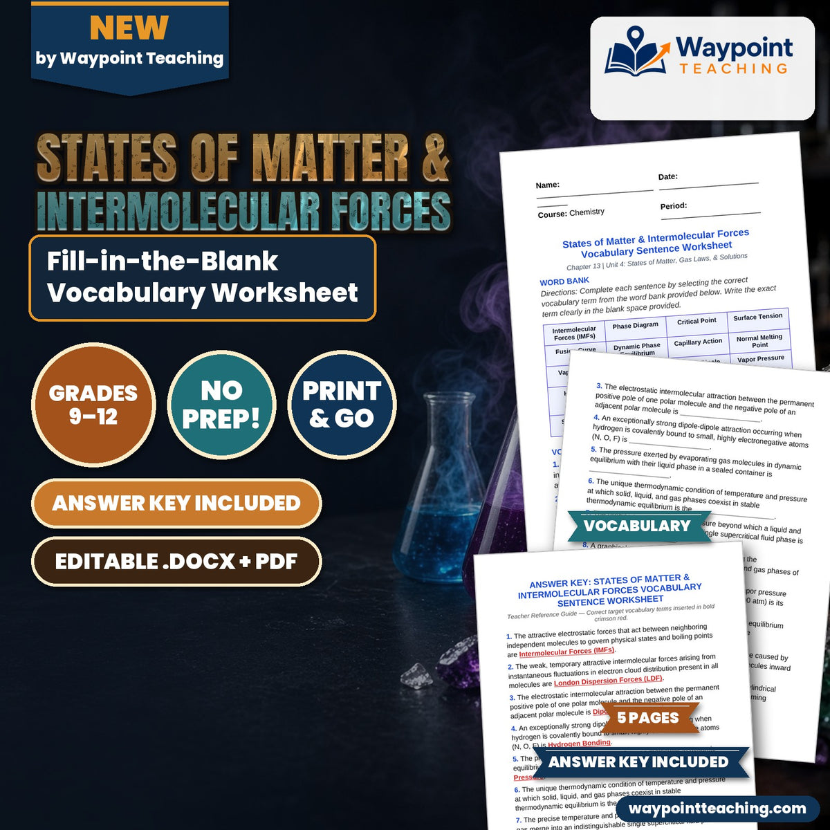 States of Matter & Intermolecular Forces Fill-in-the-Blank Vocabulary Worksheet cover
