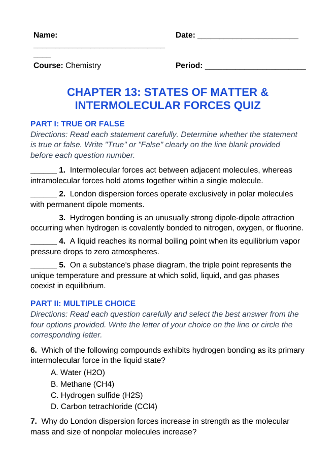 States of Matter & Intermolecular Forces Lesson Quiz sample page