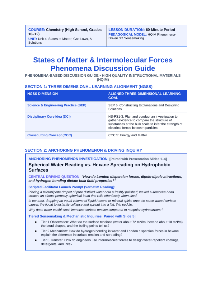 States of Matter & Intermolecular Forces Phenomena-Based Lesson: Spherical Water Beading vs. Hexane Spreading on Hydrophobic Surfaces Teacher Discussion Guide sample page