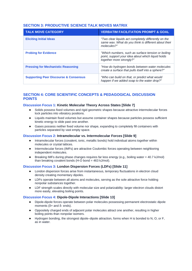 States of Matter & Intermolecular Forces Phenomena-Based Lesson: Spherical Water Beading vs. Hexane Spreading on Hydrophobic Surfaces Teacher Discussion Guide sample page