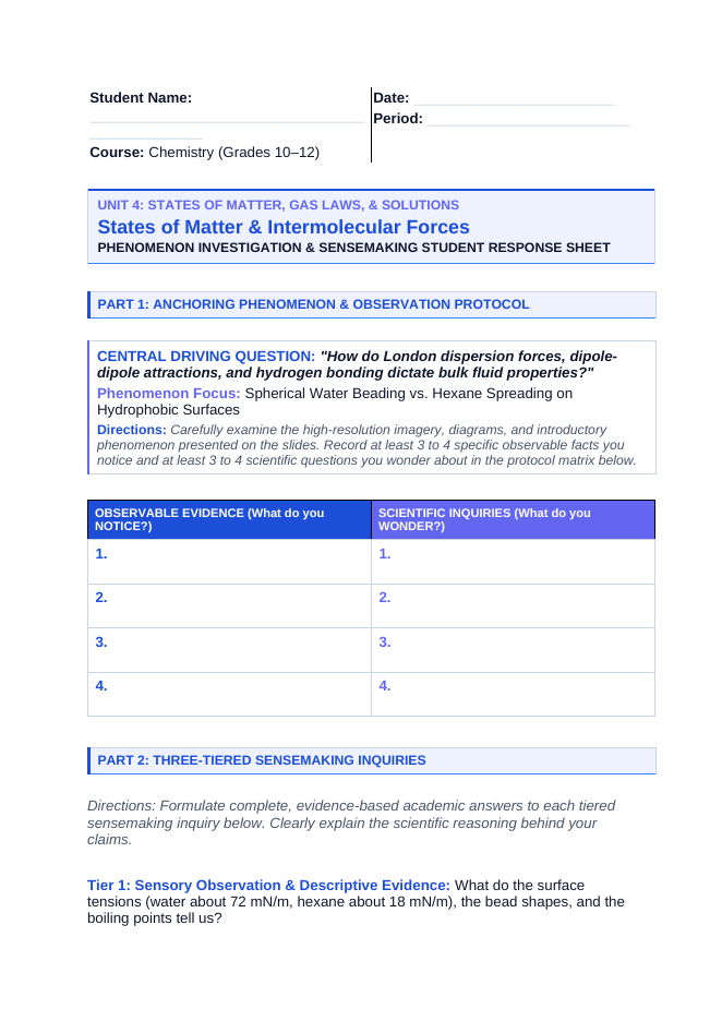 States of Matter & Intermolecular Forces Phenomena-Based Lesson: Spherical Water Beading vs. Hexane Spreading on Hydrophobic Surfaces Student Response Sheet sample page