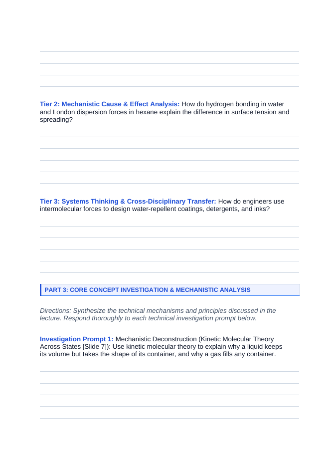 States of Matter & Intermolecular Forces Phenomena-Based Lesson: Spherical Water Beading vs. Hexane Spreading on Hydrophobic Surfaces Student Response Sheet sample page