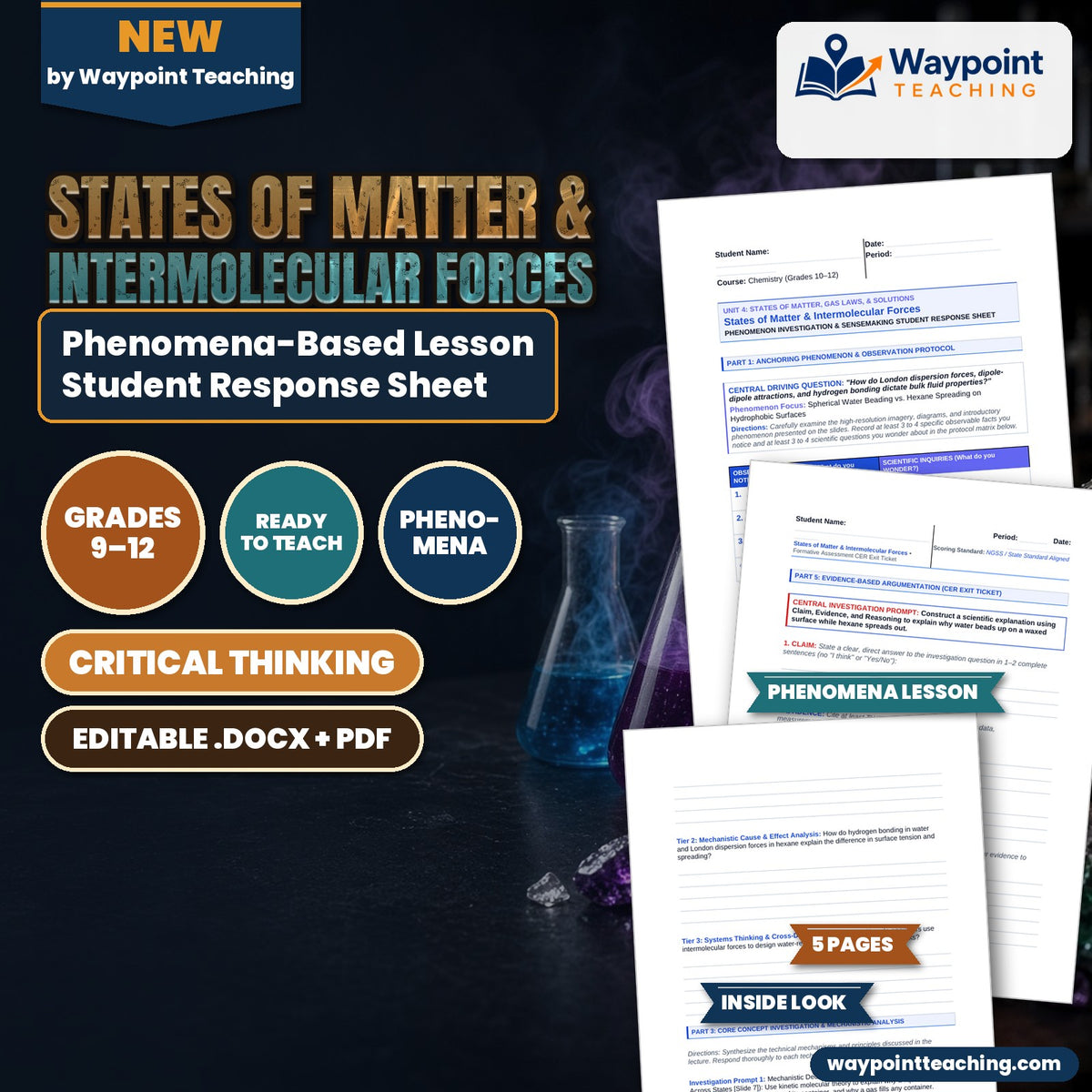 States of Matter & Intermolecular Forces Phenomena-Based Lesson: Spherical Water Beading vs. Hexane Spreading on Hydrophobic Surfaces Student Response Sheet cover