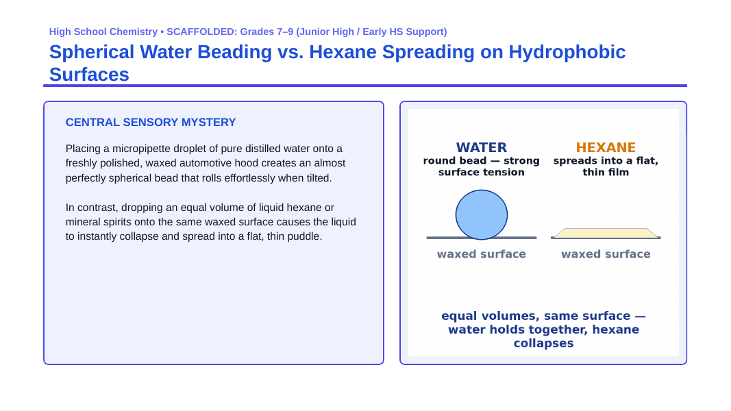 States of Matter & Intermolecular Forces Scaffolded Phenomena-Based Lesson: Spherical Water Beading vs. Hexane Spreading on Hydrophobic Surfaces Presentation sample page
