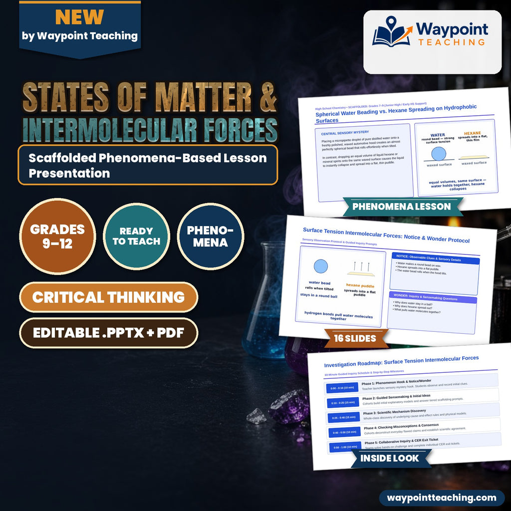 States of Matter & Intermolecular Forces Scaffolded Phenomena-Based Lesson: Spherical Water Beading vs. Hexane Spreading on Hydrophobic Surfaces Presentation cover