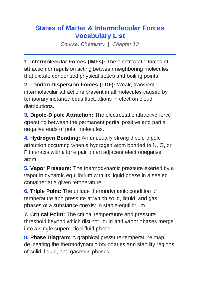 States of Matter & Intermolecular Forces Vocabulary Words & Definitions sample page