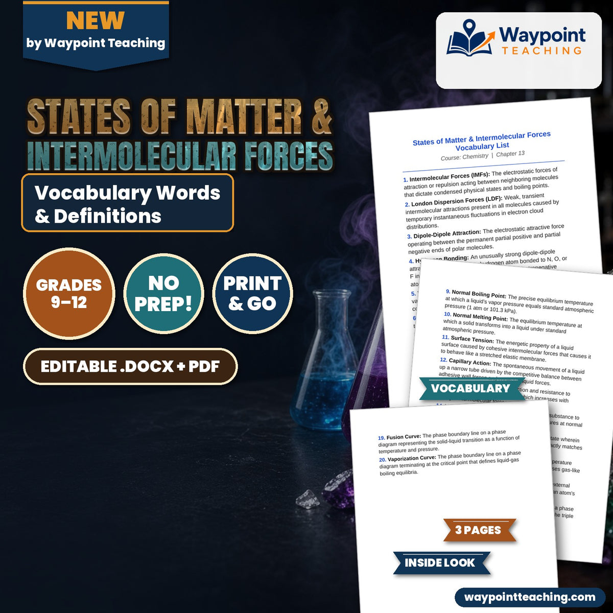 States of Matter & Intermolecular Forces Vocabulary Words & Definitions cover