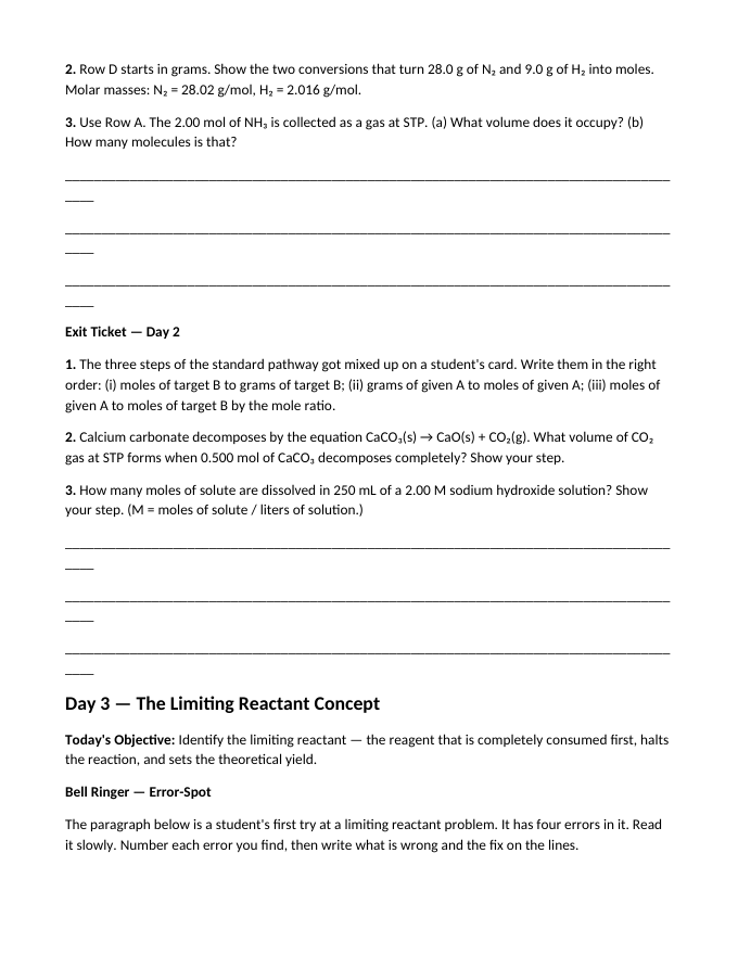 Stoichiometry: Mole Ratios, Limiting Reactants, & Percent Yield Bell Ringers & Exit Tickets sample page