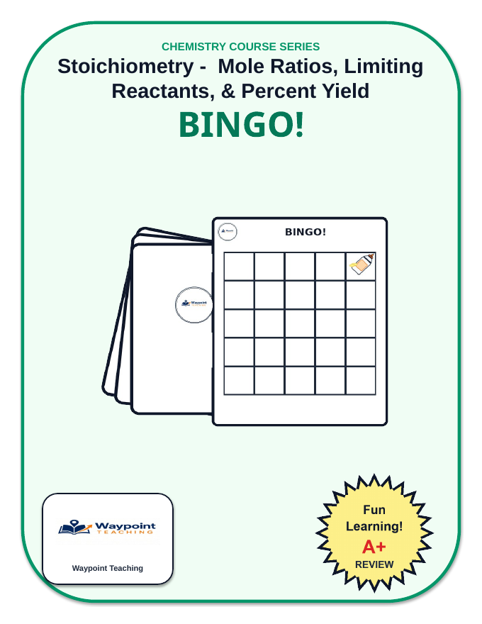 Stoichiometry: Mole Ratios, Limiting Reactants, & Percent Yield BINGO Review Game sample page
