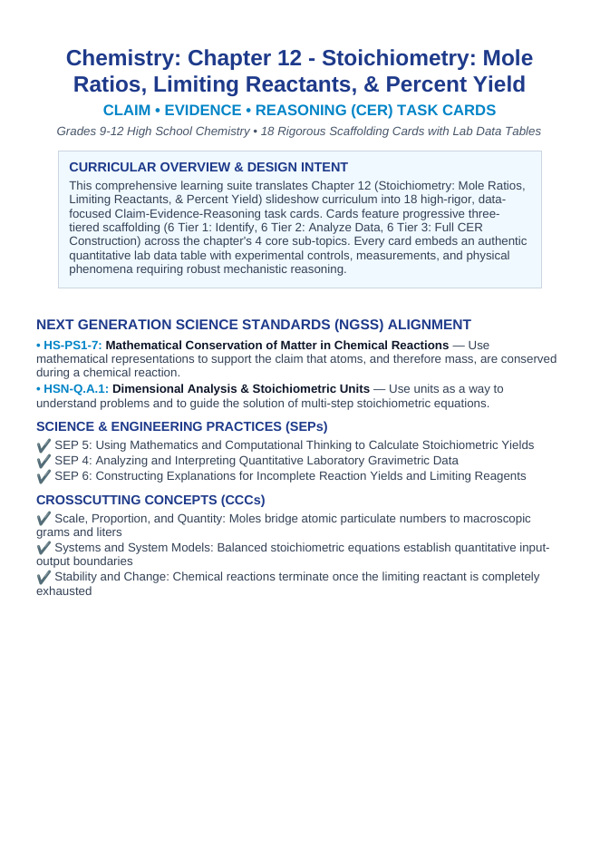 Stoichiometry: Mole Ratios, Limiting Reactants, & Percent Yield CER Task Cards sample page