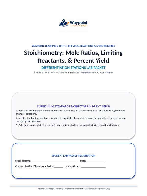 Stoichiometry: Mole Ratios, Limiting Reactants, & Percent Yield Differentiation Stations sample page