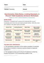 Stoichiometry: Mole Ratios, Limiting Reactants, & Percent Yield Fill-in-the-Blank Vocabulary Worksheet sample page