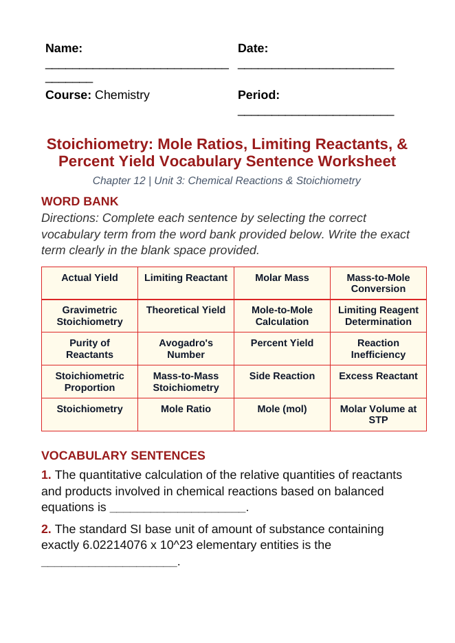 Stoichiometry: Mole Ratios, Limiting Reactants, & Percent Yield Fill-in-the-Blank Vocabulary Worksheet sample page