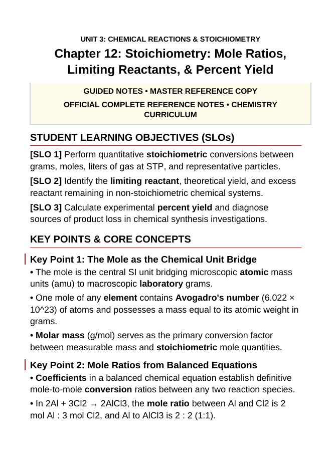 Stoichiometry: Mole Ratios, Limiting Reactants, & Percent Yield Guided Notes sample page