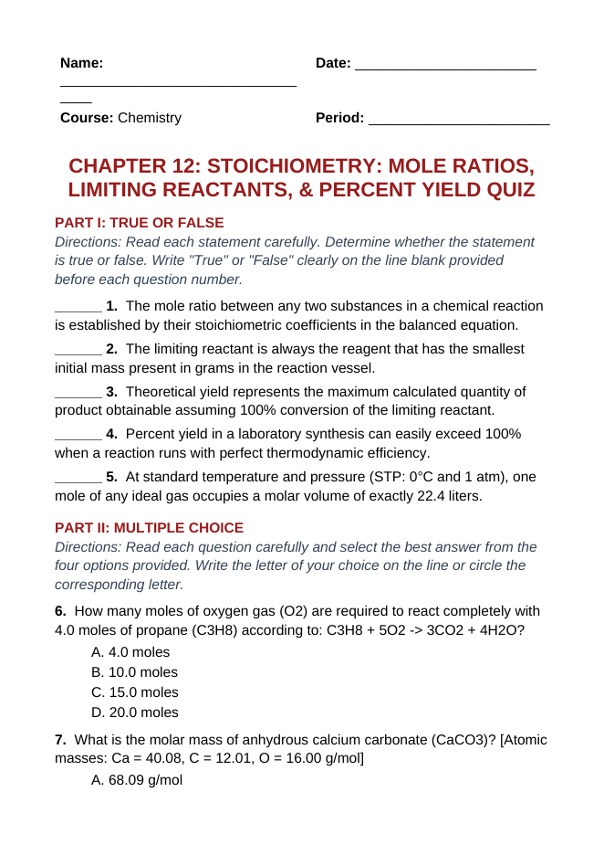 Stoichiometry: Mole Ratios, Limiting Reactants, & Percent Yield Lesson Quiz sample page