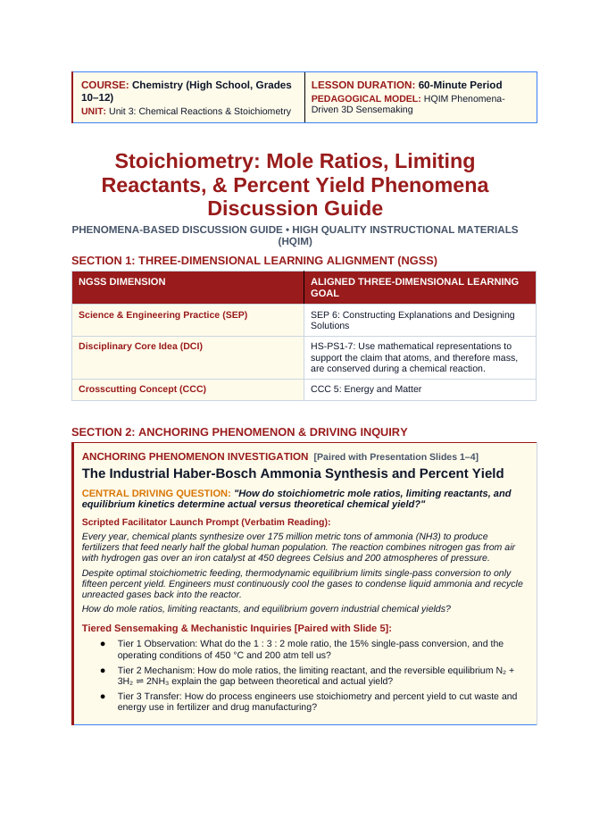 Stoichiometry: Mole Ratios, Limiting Reactants, & Percent Yield Phenomena-Based Lesson: The Industrial Haber-Bosch Ammonia Synthesis and Percent Yield Teacher Discussion Guide sample page