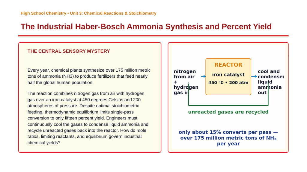 Stoichiometry: Mole Ratios, Limiting Reactants, & Percent Yield Phenomena-Based Lesson: The Industrial Haber-Bosch Ammonia Synthesis and Percent Yield Presentation sample page