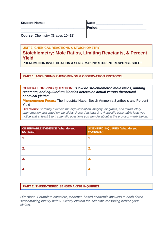 Stoichiometry: Mole Ratios, Limiting Reactants, & Percent Yield Phenomena-Based Lesson: The Industrial Haber-Bosch Ammonia Synthesis and Percent Yield Student Response Sheet sample page