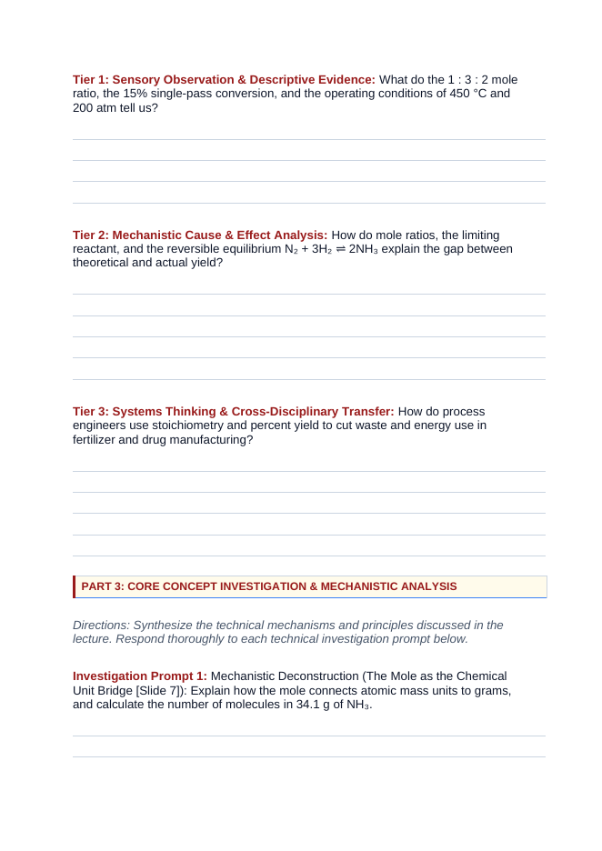 Stoichiometry: Mole Ratios, Limiting Reactants, & Percent Yield Phenomena-Based Lesson: The Industrial Haber-Bosch Ammonia Synthesis and Percent Yield Student Response Sheet sample page