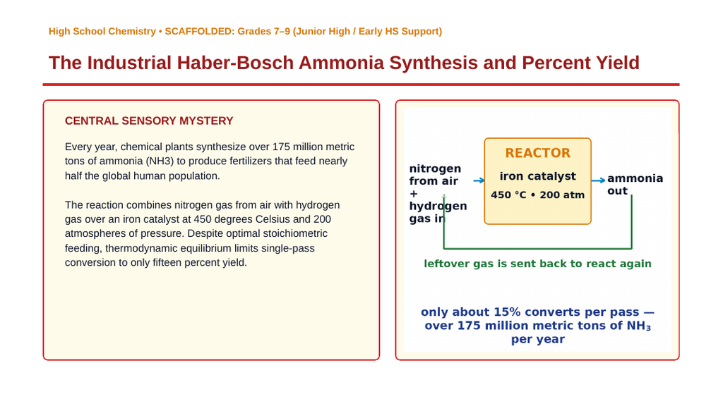 Stoichiometry: Mole Ratios, Limiting Reactants, & Percent Yield Scaffolded Phenomena-Based Lesson: The Industrial Haber-Bosch Ammonia Synthesis and Percent Yield Presentation sample page