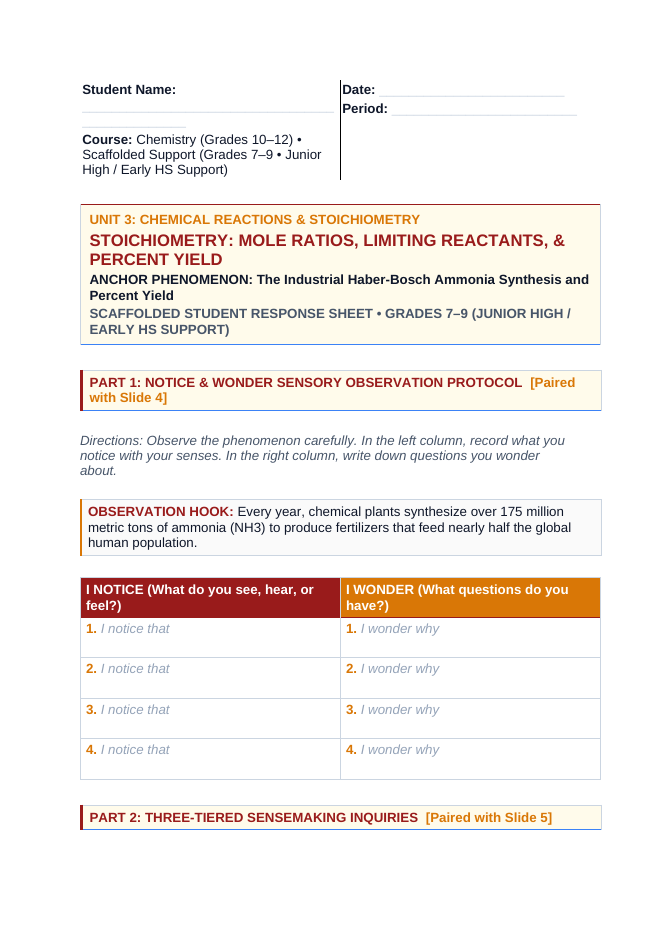Stoichiometry: Mole Ratios, Limiting Reactants, & Percent Yield Scaffolded Phenomena-Based Lesson: The Industrial Haber-Bosch Ammonia Synthesis and Percent Yield Student Response Sheet sample page