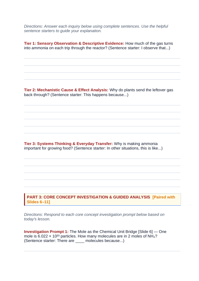 Stoichiometry: Mole Ratios, Limiting Reactants, & Percent Yield Scaffolded Phenomena-Based Lesson: The Industrial Haber-Bosch Ammonia Synthesis and Percent Yield Student Response Sheet sample page