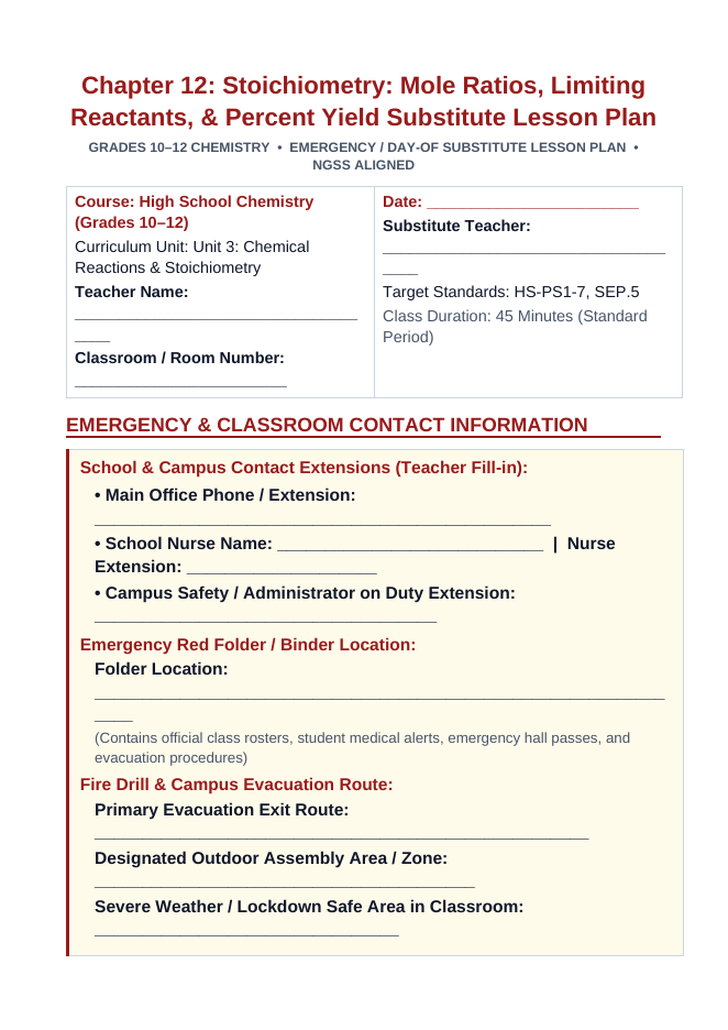 Stoichiometry: Mole Ratios, Limiting Reactants, & Percent Yield Substitute Lesson Plan sample page