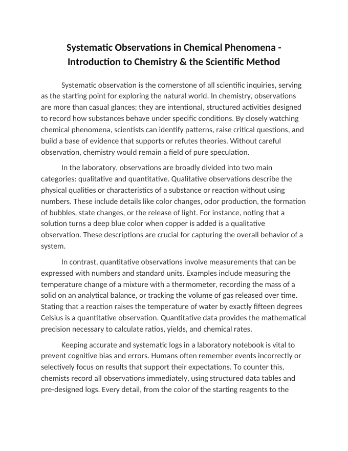 Systematic Observations in Chemical Phenomena Reading Worksheet sample page