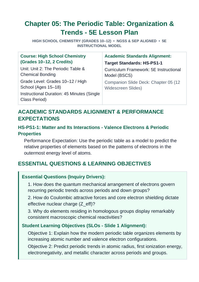 The Periodic Table: Organization & Trends 5E Lesson Plan sample page