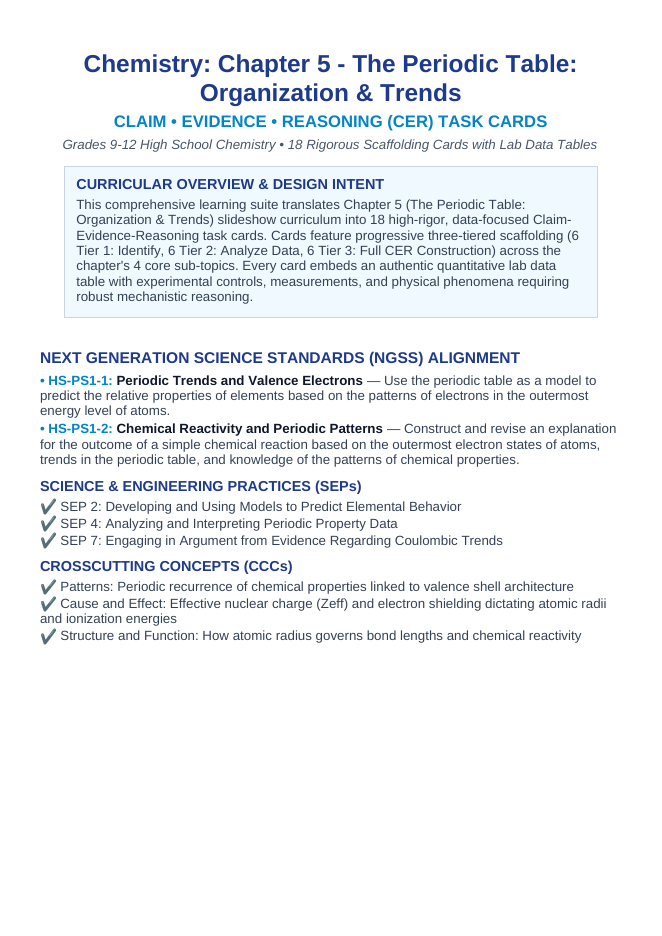 The Periodic Table: Organization & Trends CER Task Cards sample page